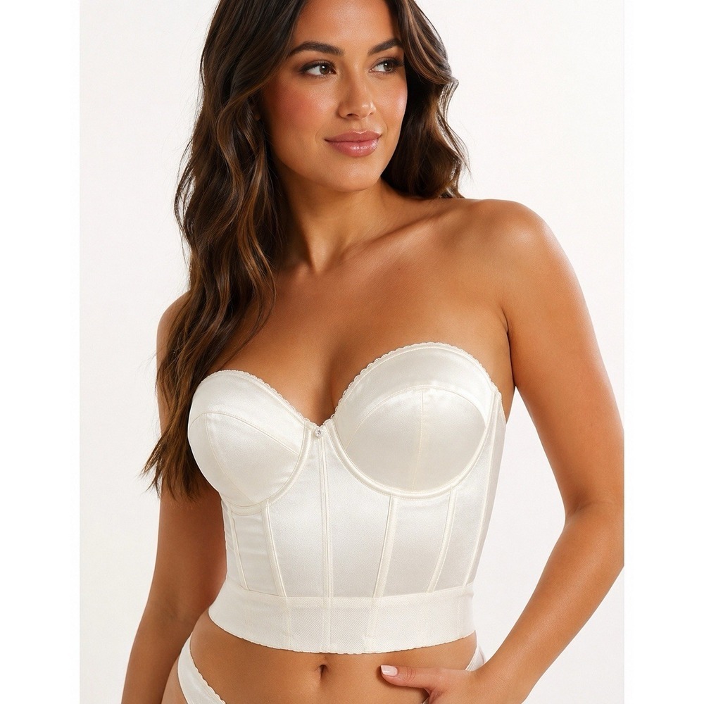Dominique Ivory Satin Longline Strapless Bustier Bra Corset 38D Boned Bridal